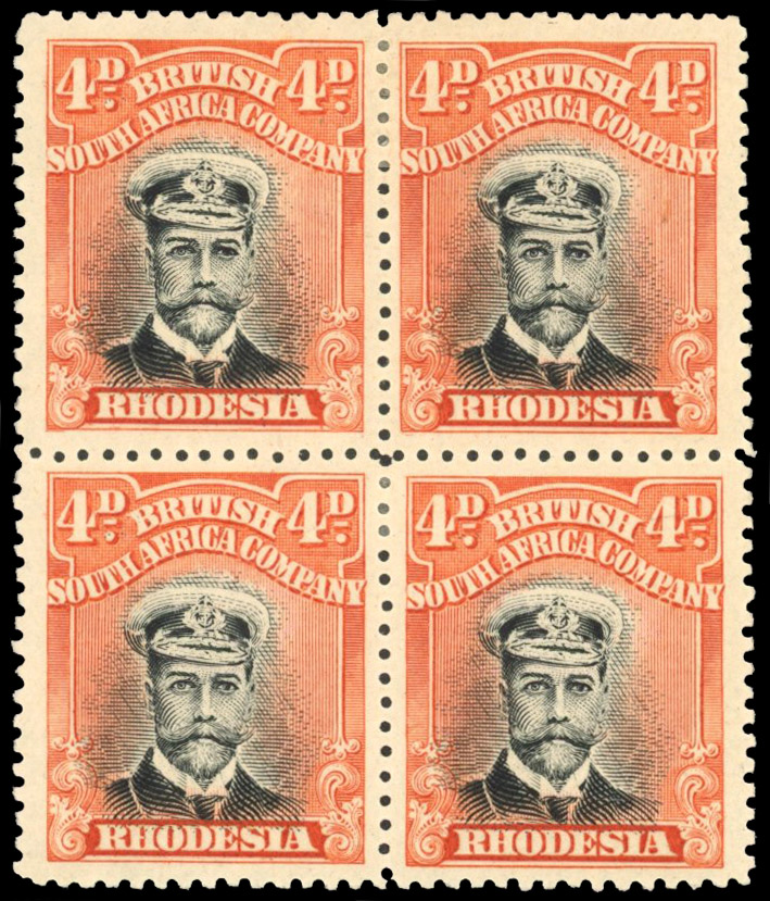 Rhodesia 4d SG 225 block with position 41 re-entry mint