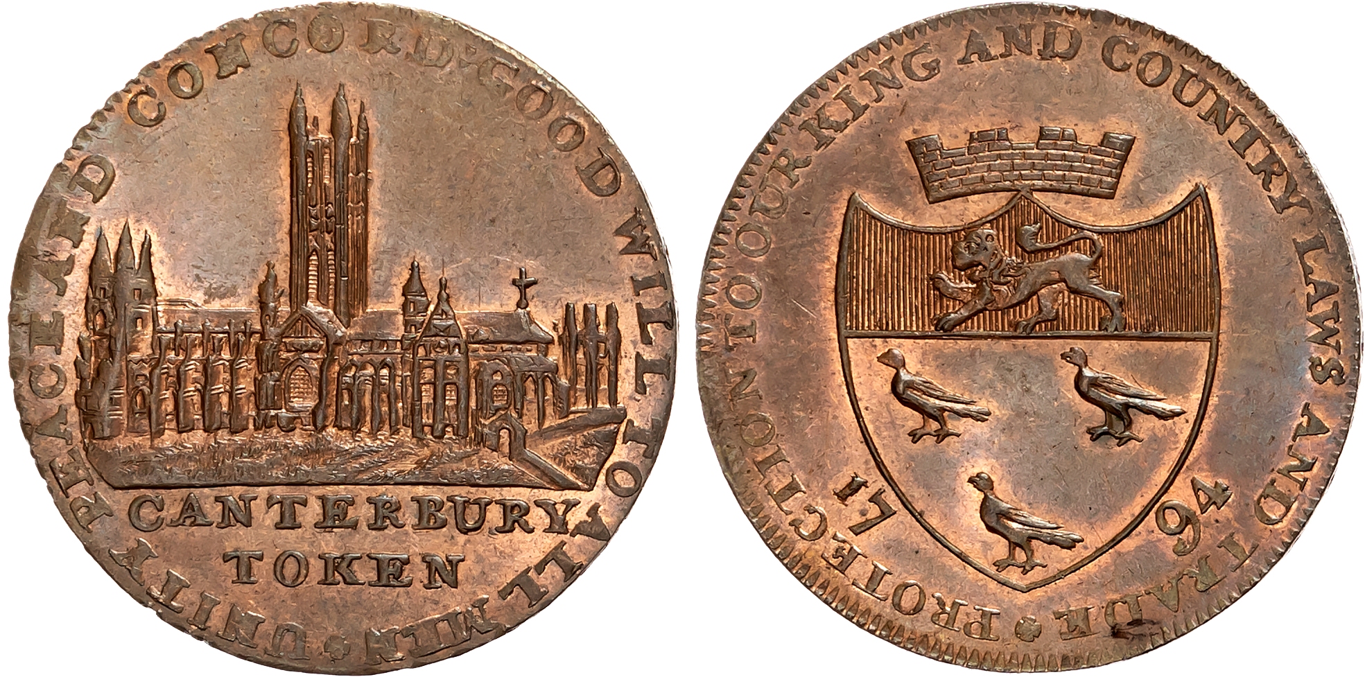 Kent, Canterbury, James Robertson (linen draper) Halfpenny 1794, View of cathedral, rev . City crest and arms, edge PAY …