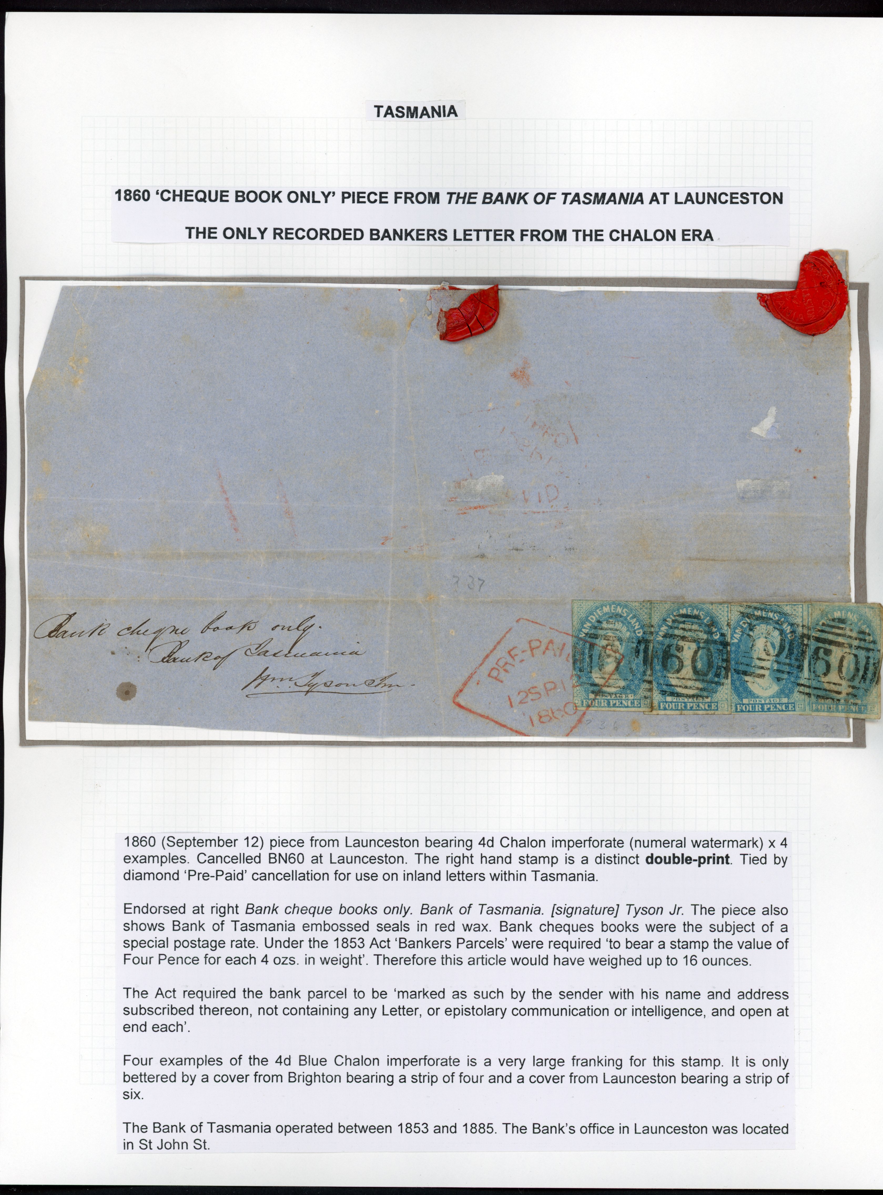 Tasmania SG 37 1860 4d x 4 on large piece of banker's letter