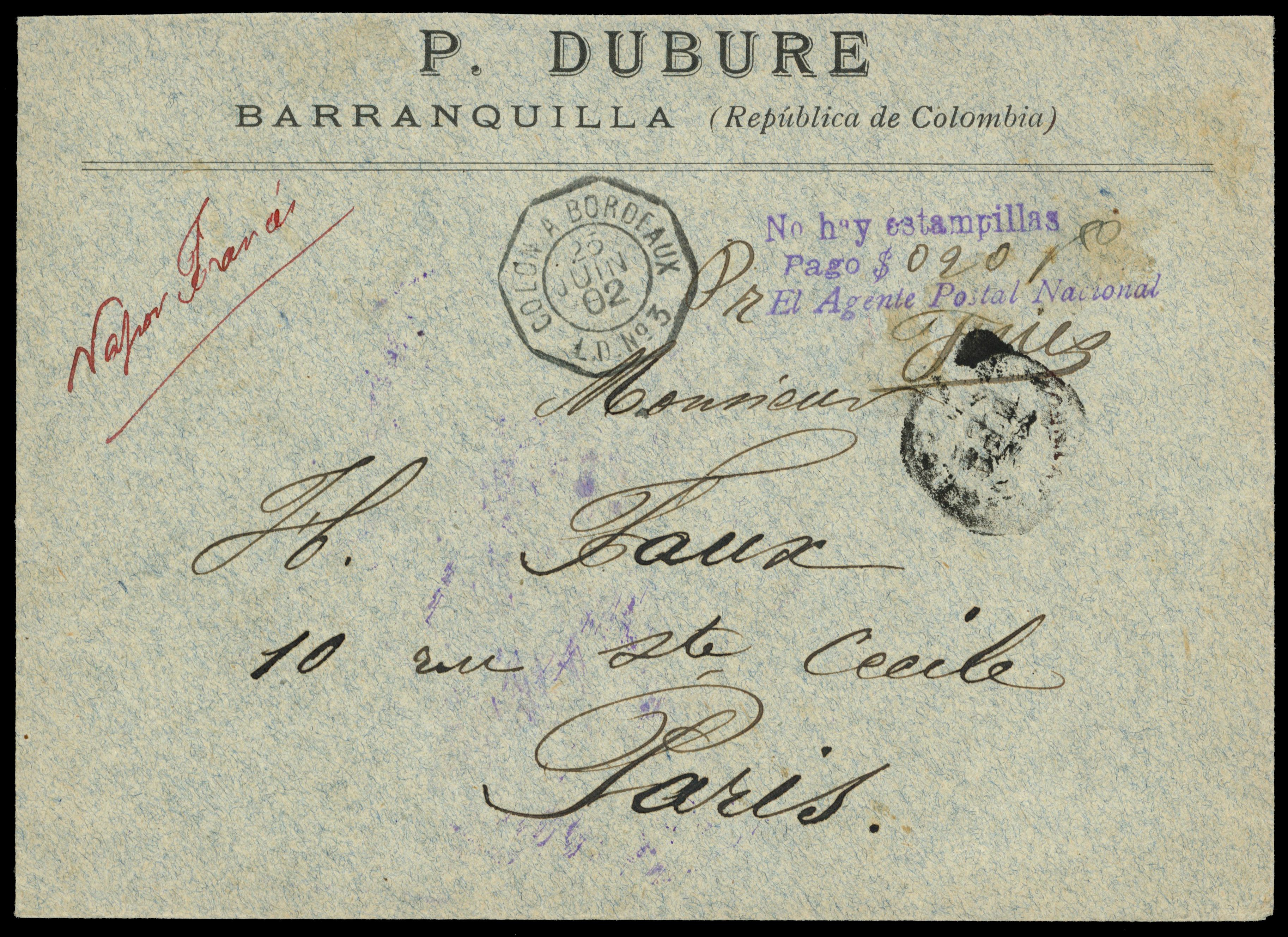 Colombia 1902 stampless envelope to Paris