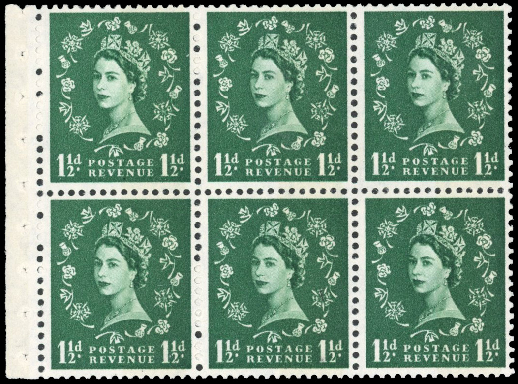 GB: 1964 1½d green, phosphor reacting blue, booklet pane of six with upright watermark, variety ‘ONE 8mm BAND ON EACH STAMP’