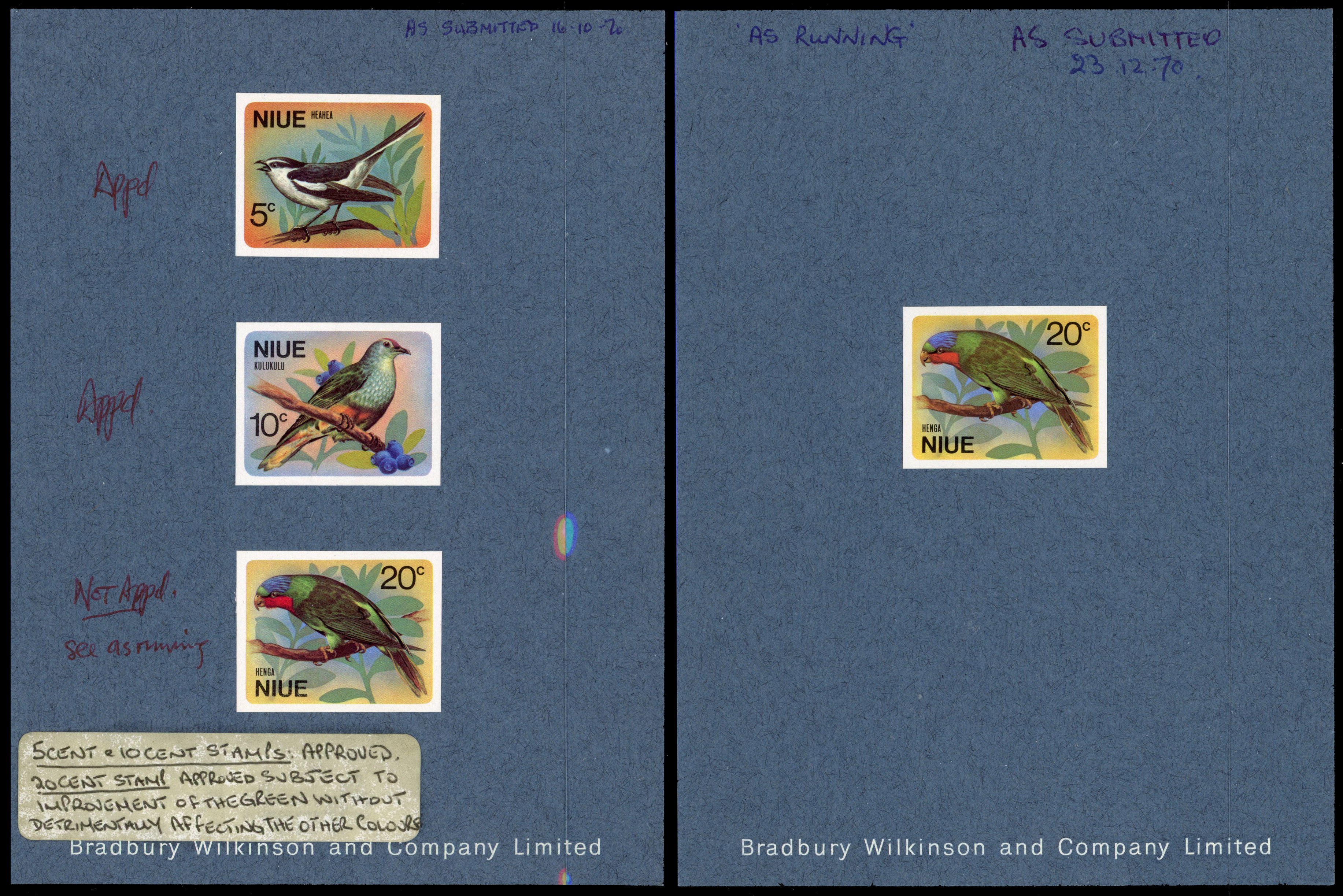 NIUE: 1971 birds set of 3 imperforate colour proofs affixed to Bradbury Wilkinson card endorsed "AS SUBMITTED 16.10.70" 