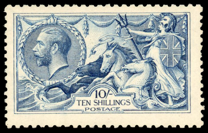 GB: 1915 DLR Seahorse 10s blue, mint and apparently unmounted o.g. with lovely colour