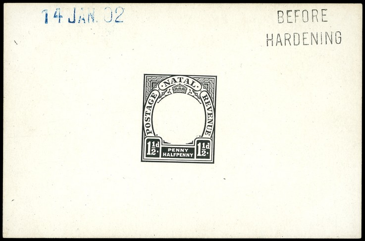 1902 Die Proof of 1½d Duty Plate in black on glazed card 93 x 60mm, dated 6 JAN. 02 in blue and marked BEFORE HARDENING. ...