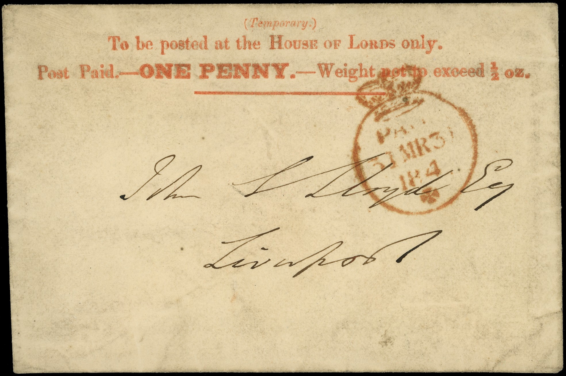 PARLIAMENTARY: 1840 1d ''House of Lords'' envelope, printed in red on yellowish wove...