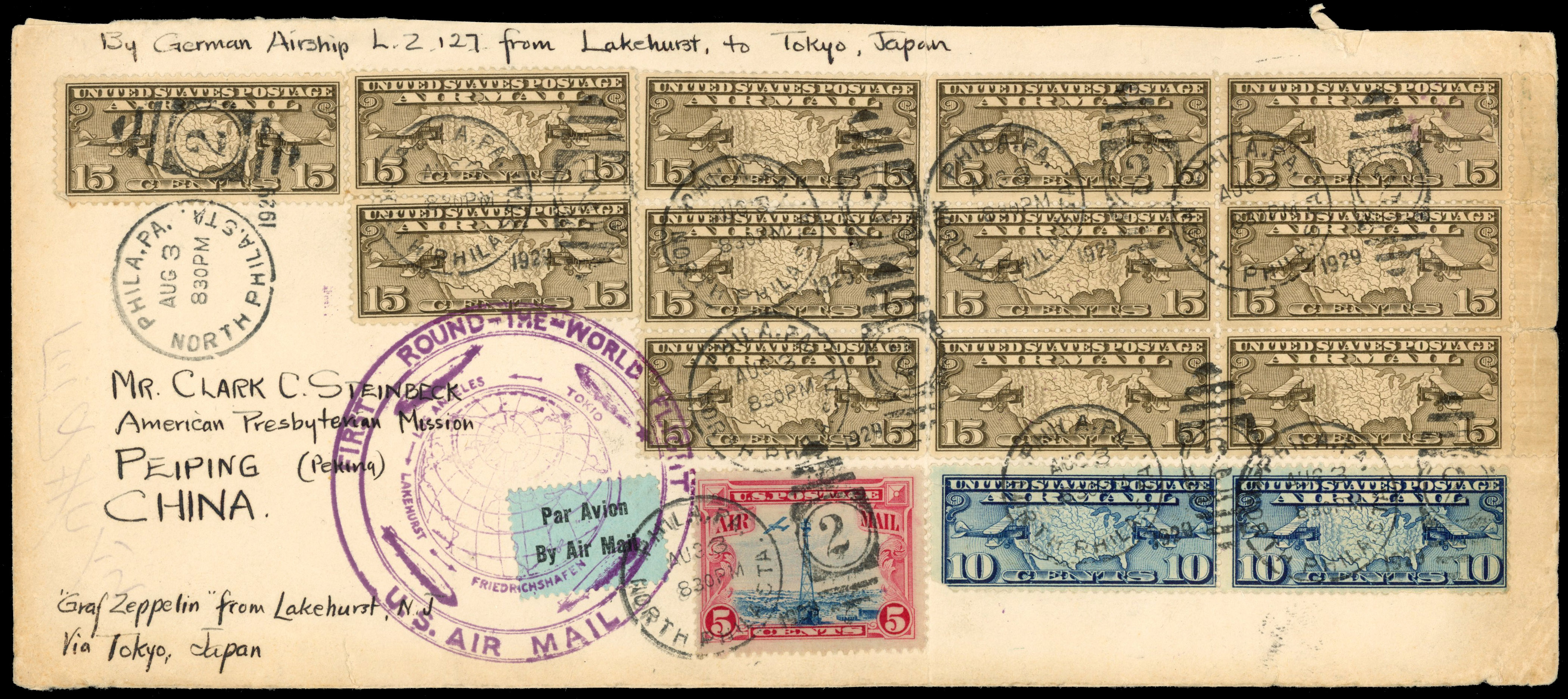 CHINA 1929 incoming Graf Zeppelin airmail envelope Philadelphia to Peiping