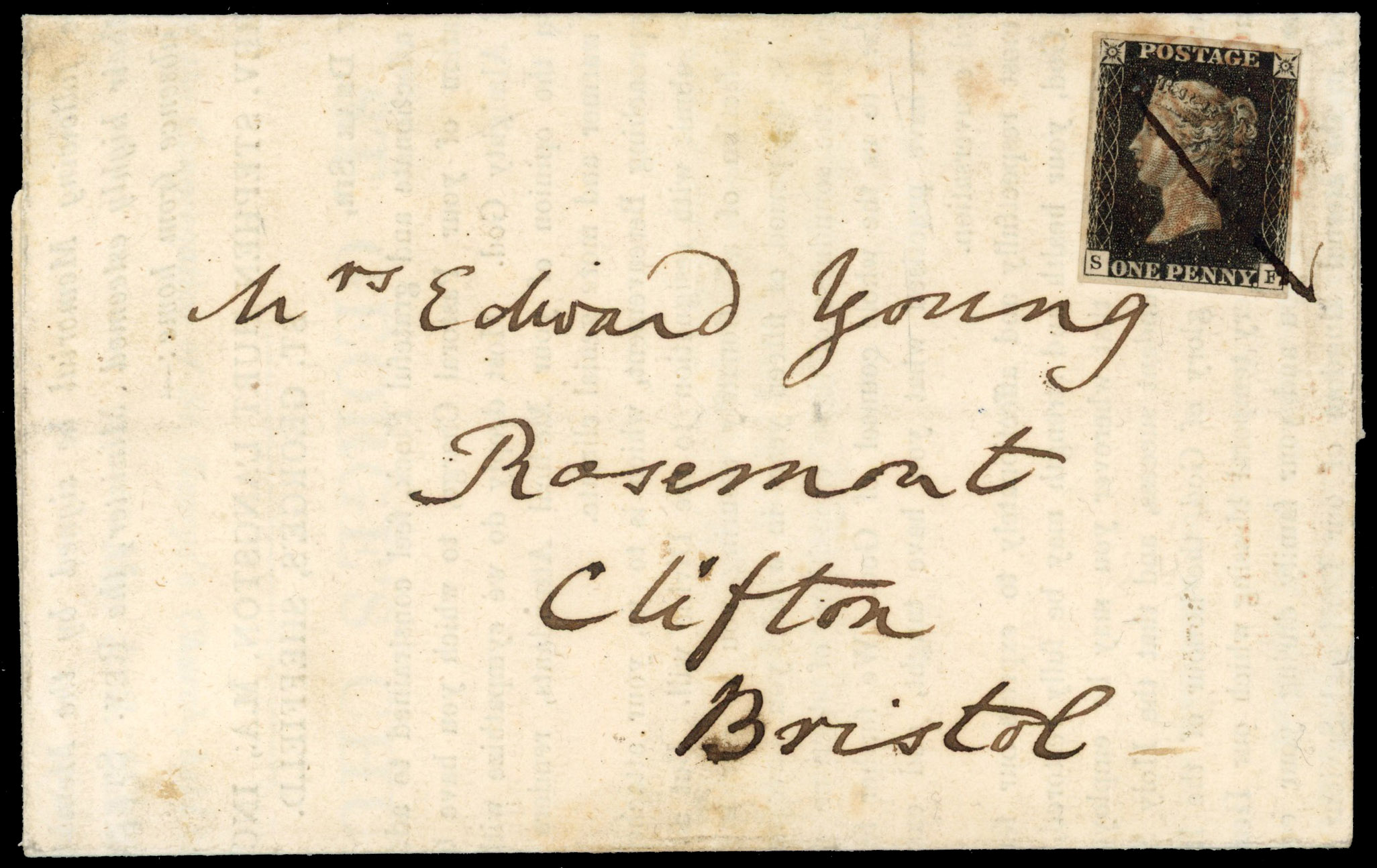 1840 1d Black Pl.4 (SF). Pre-printed lettersheet sent from Sheffield to Bristol by pale red MC & pen strike