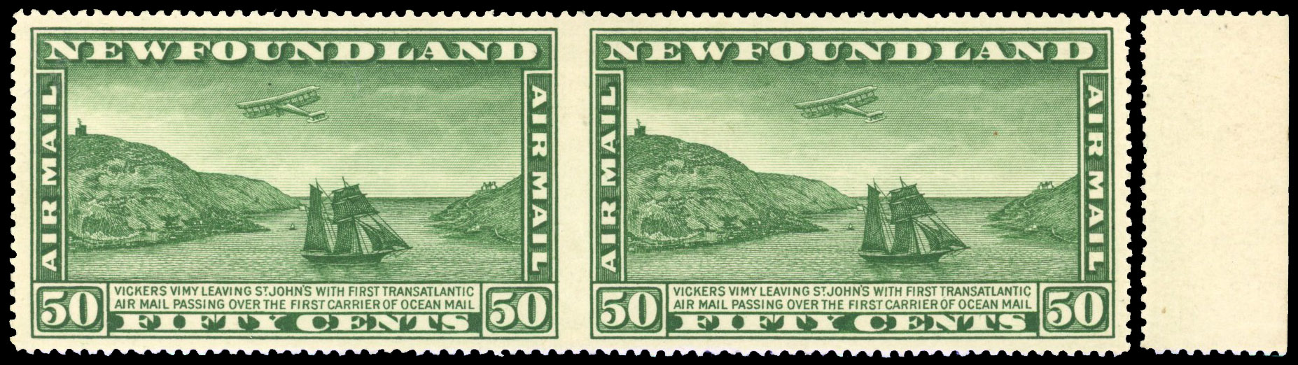 Newfoundland 1931 Air 50c no watermark pair imperforate between