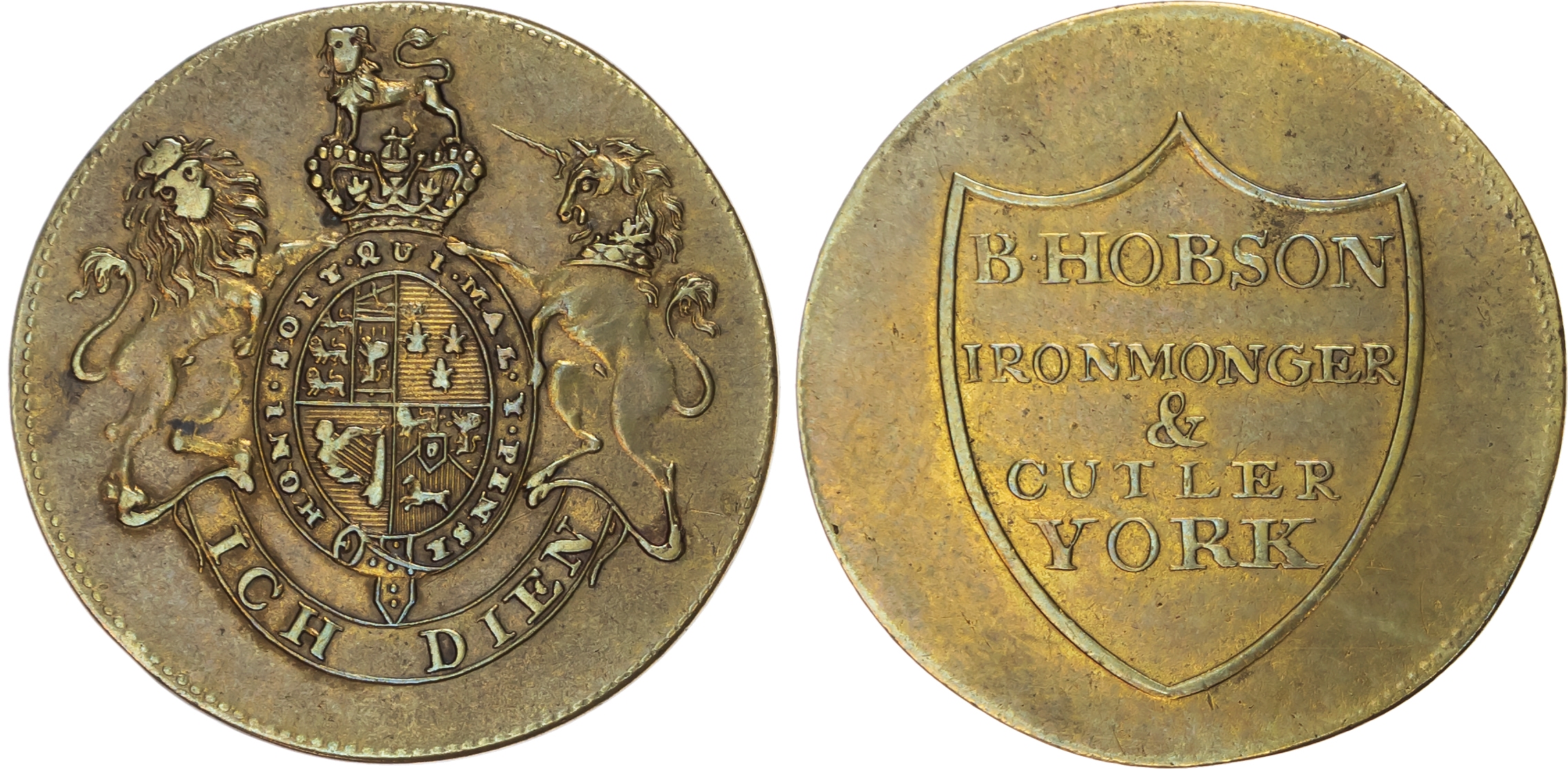 Yorks. , Benjamin Hobson (ironmonger & cutler) advertising gilt halfpenny undated, Royal Arms rev . shield wit…