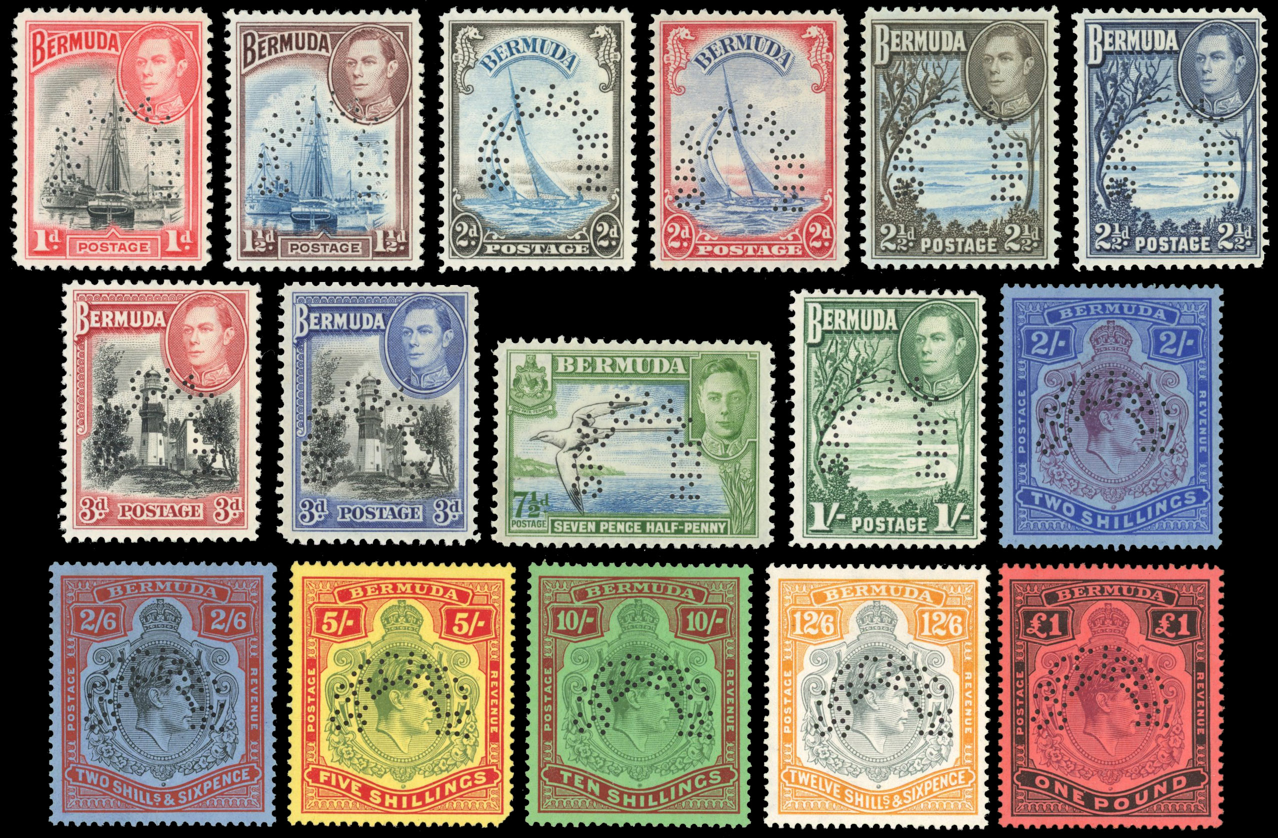 Bermuda SG 110s/121s 1938-53 KGVI set of 16 to £1 perf Specimen