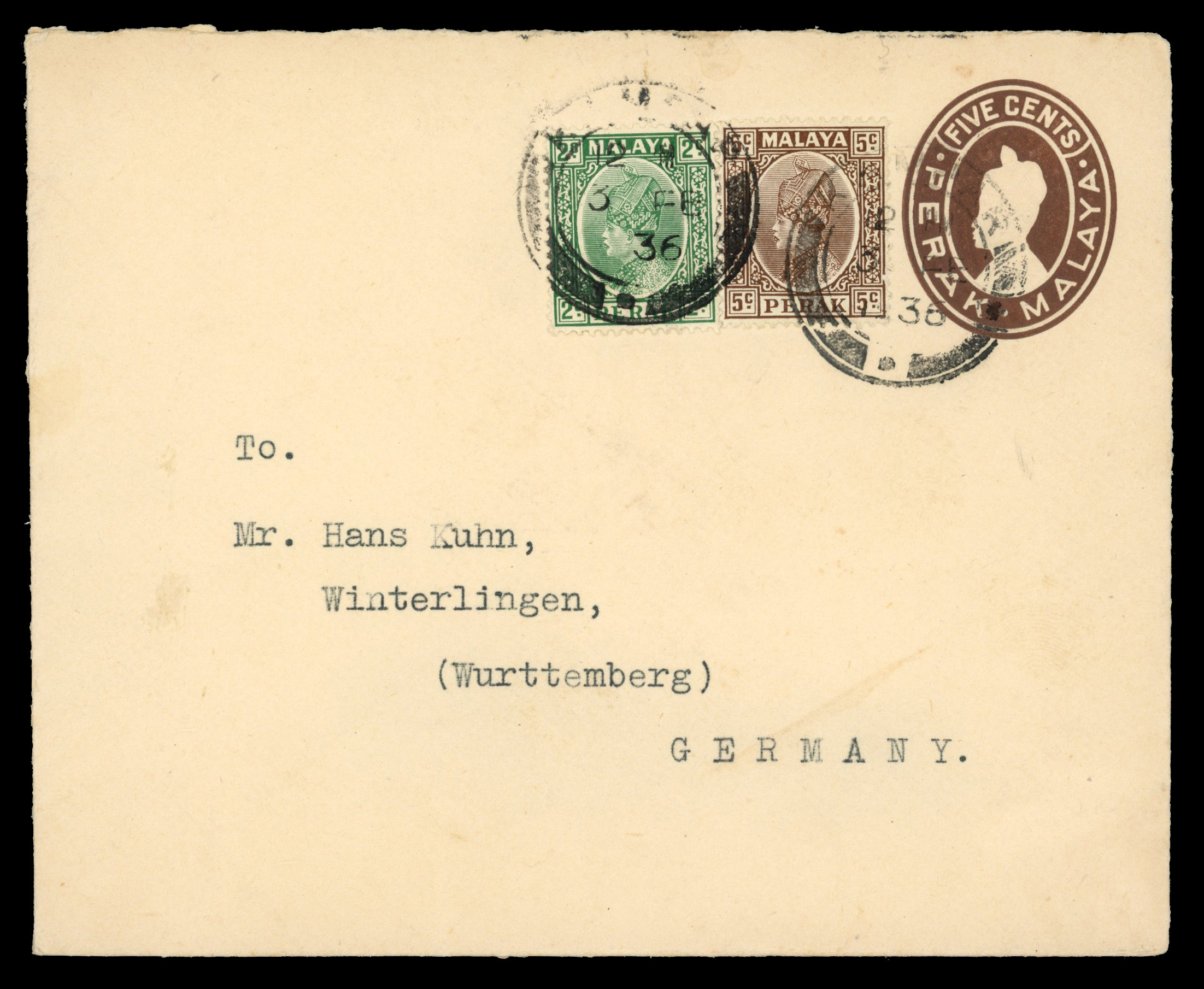 Malaya - Perak 1936 Sultan Iskandar 5c brown postal stationery envelope to Germany uprated