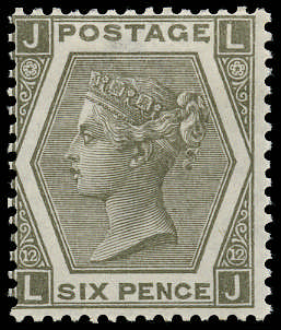 SG125 1873 6d Grey Pl.12. Unused o.g. example (LJ)