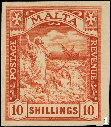 Malta 1919 10s De La Rue sample proof in bright orange-red on thin card. Fine and...