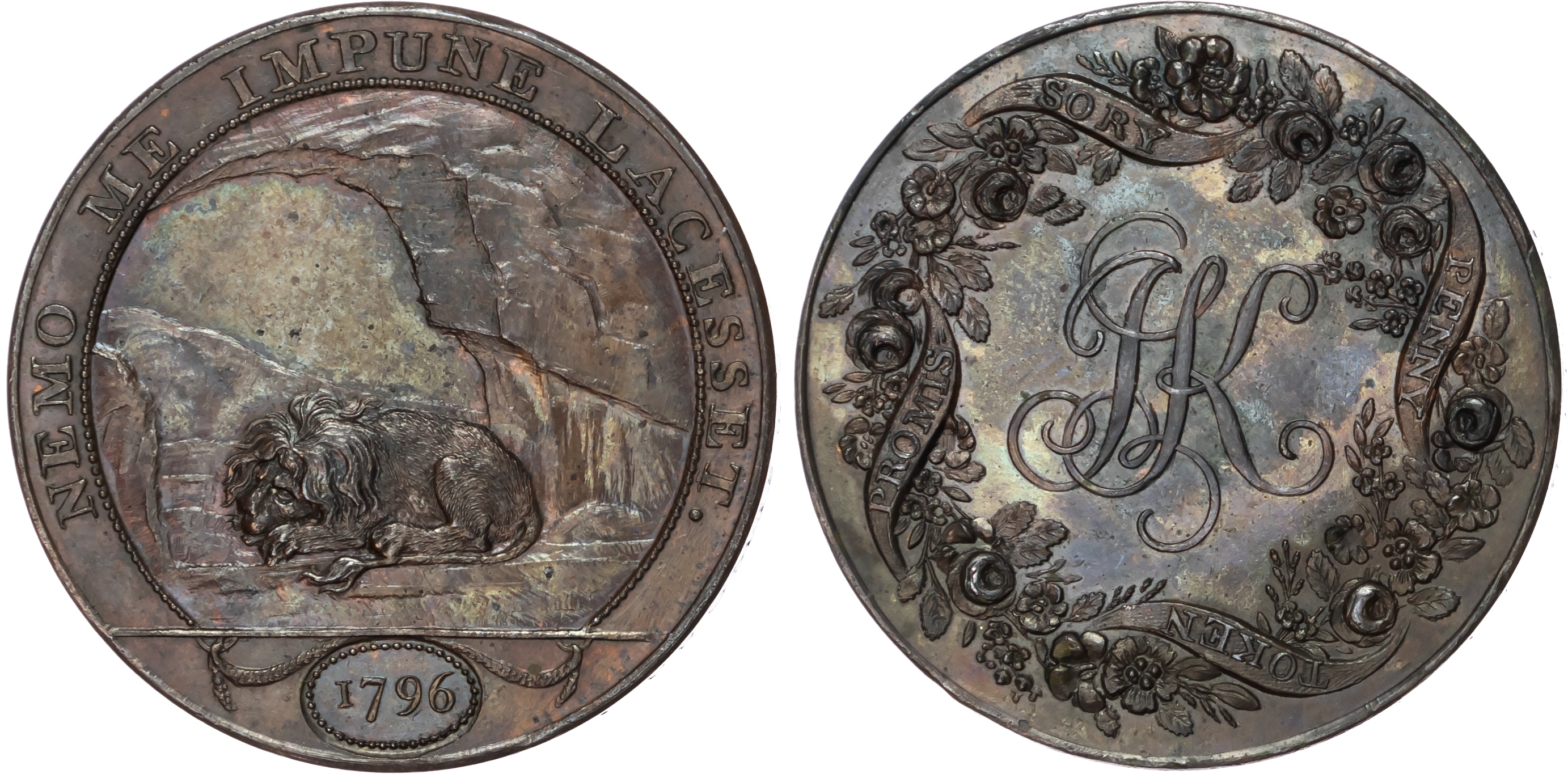 Warks. Birmingham Peter Kempson Penny 1796, lion asleep in cave rev. JK cypher in rose and ribbon wreath, edge…