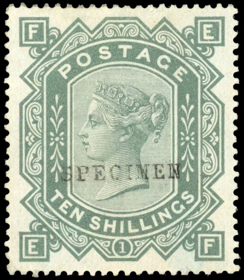 GB 1867-83 10s grey-green on blued paper opt 'SPECIMEN' Type 9, Spec. J125t, SG 131var