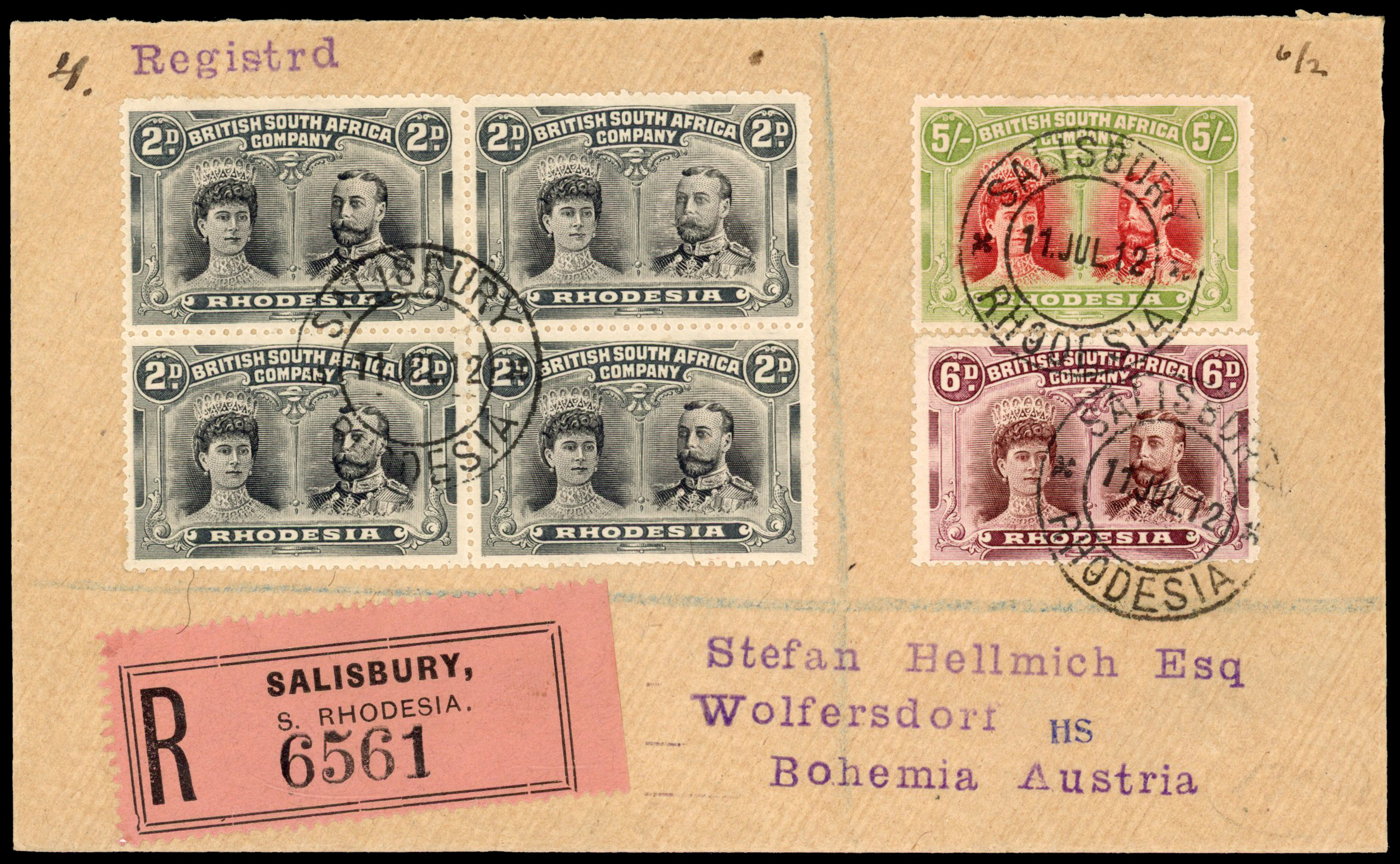 Rhodesia 1912 registered cover to Austria