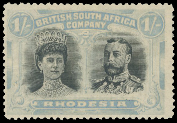 † 1/- black and pale turquoise-blue RSC F2, positions 12 and 13 printer's marks mint