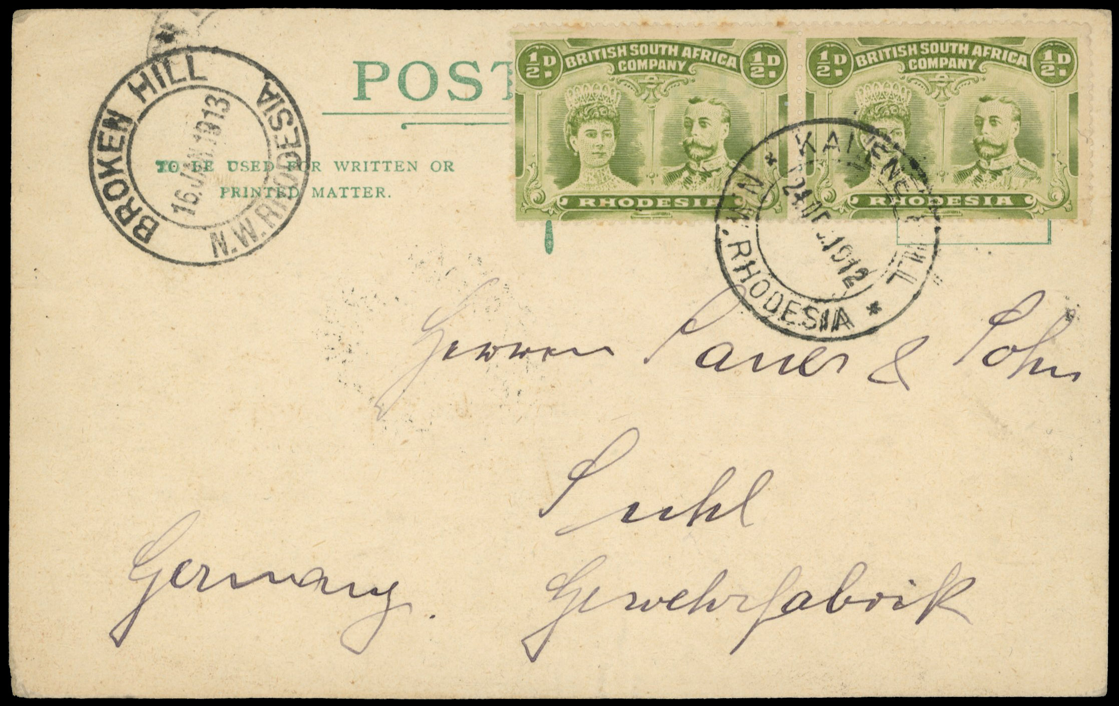½d olive-green pair on postcard to Germany