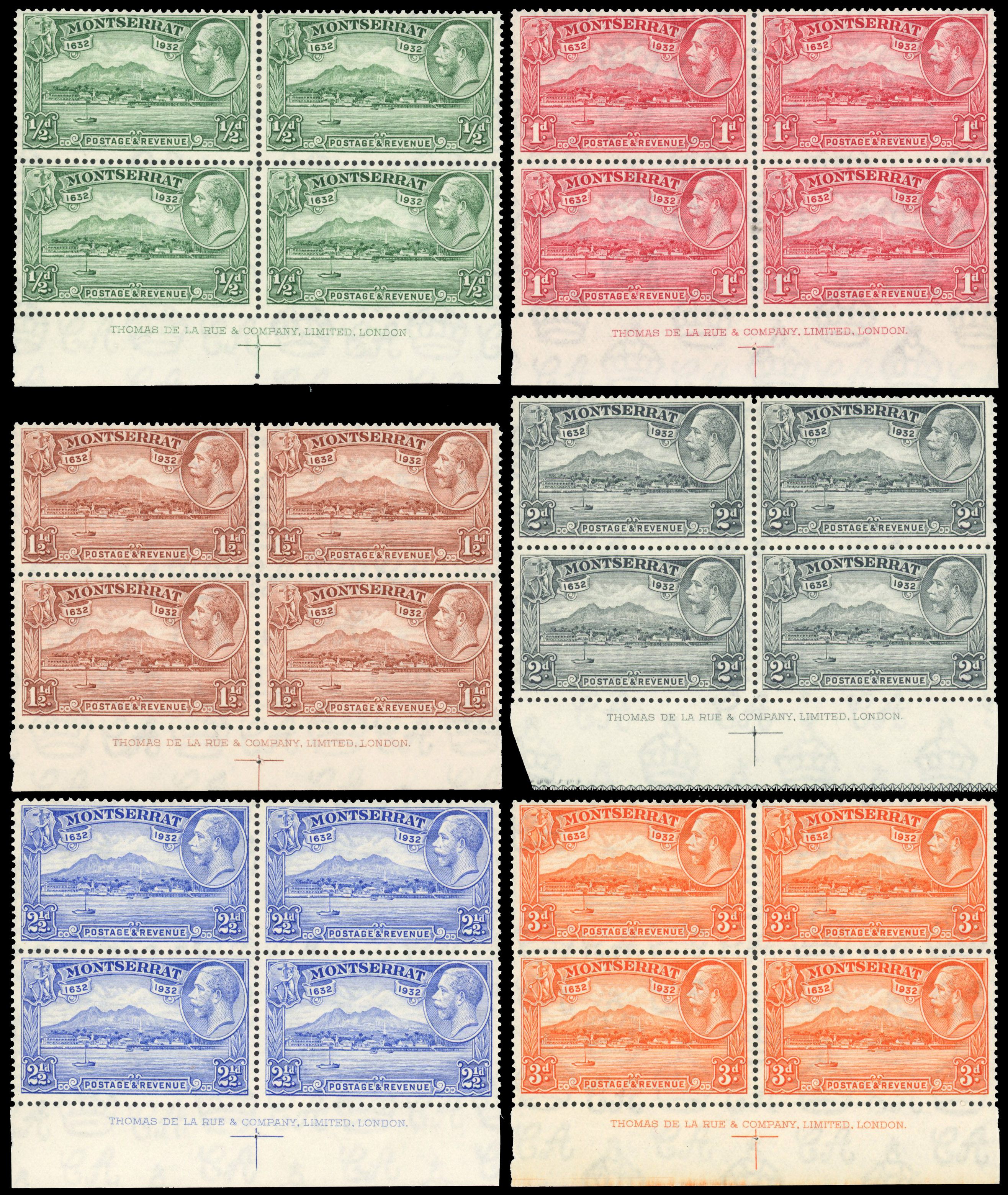 Montserrat 1932 Tercentenary set of 10 imprint blocks
