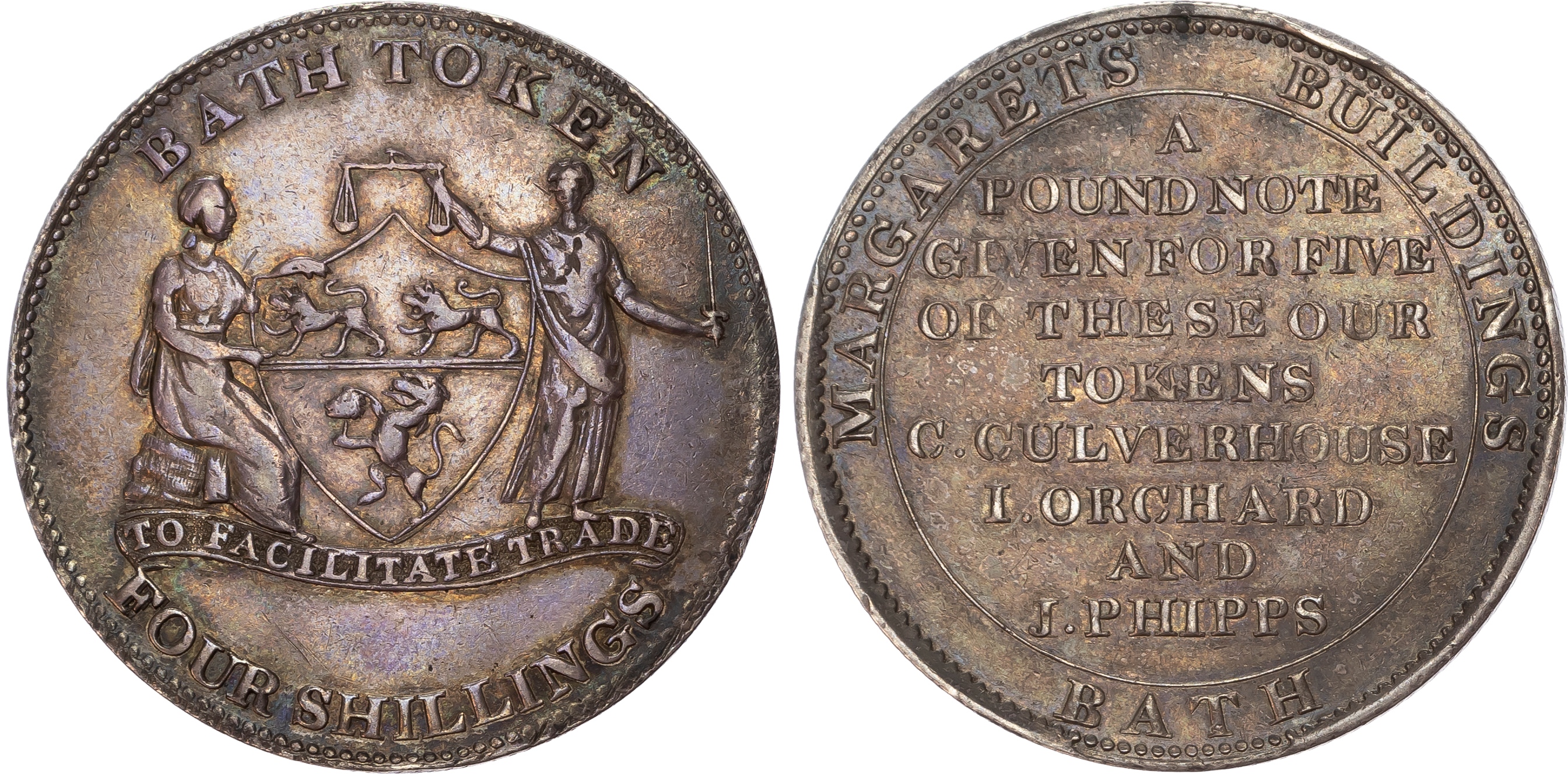 Somersetshire, Bath. C Culverhouse, I Orchard and J Phipps, silver four shillings. 