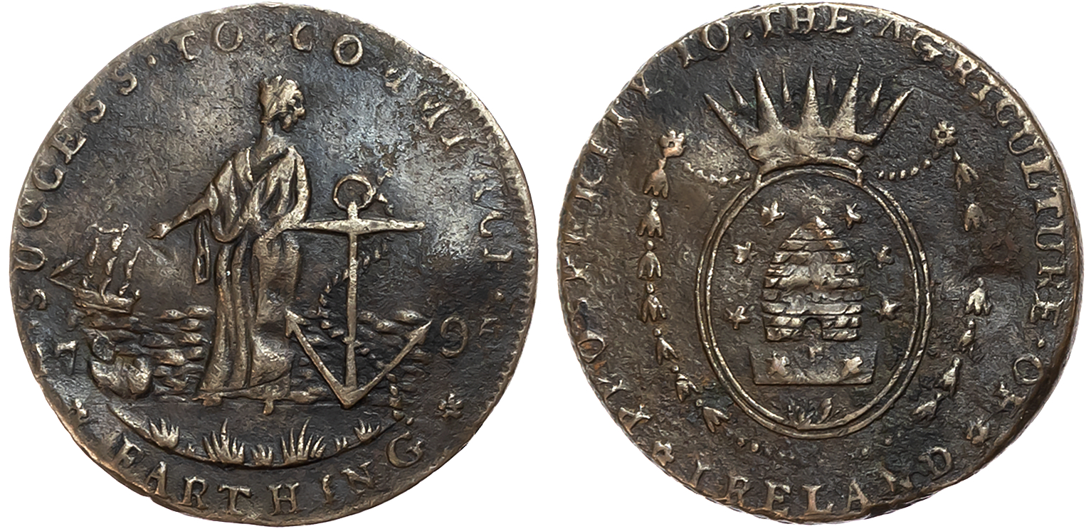 Co. Dub. Dublin,  Cooley’s Farthing 1795, Hope standing, ship behind, rev. Crowned beehive, edge engrailed, 22mm/3.01gm. …