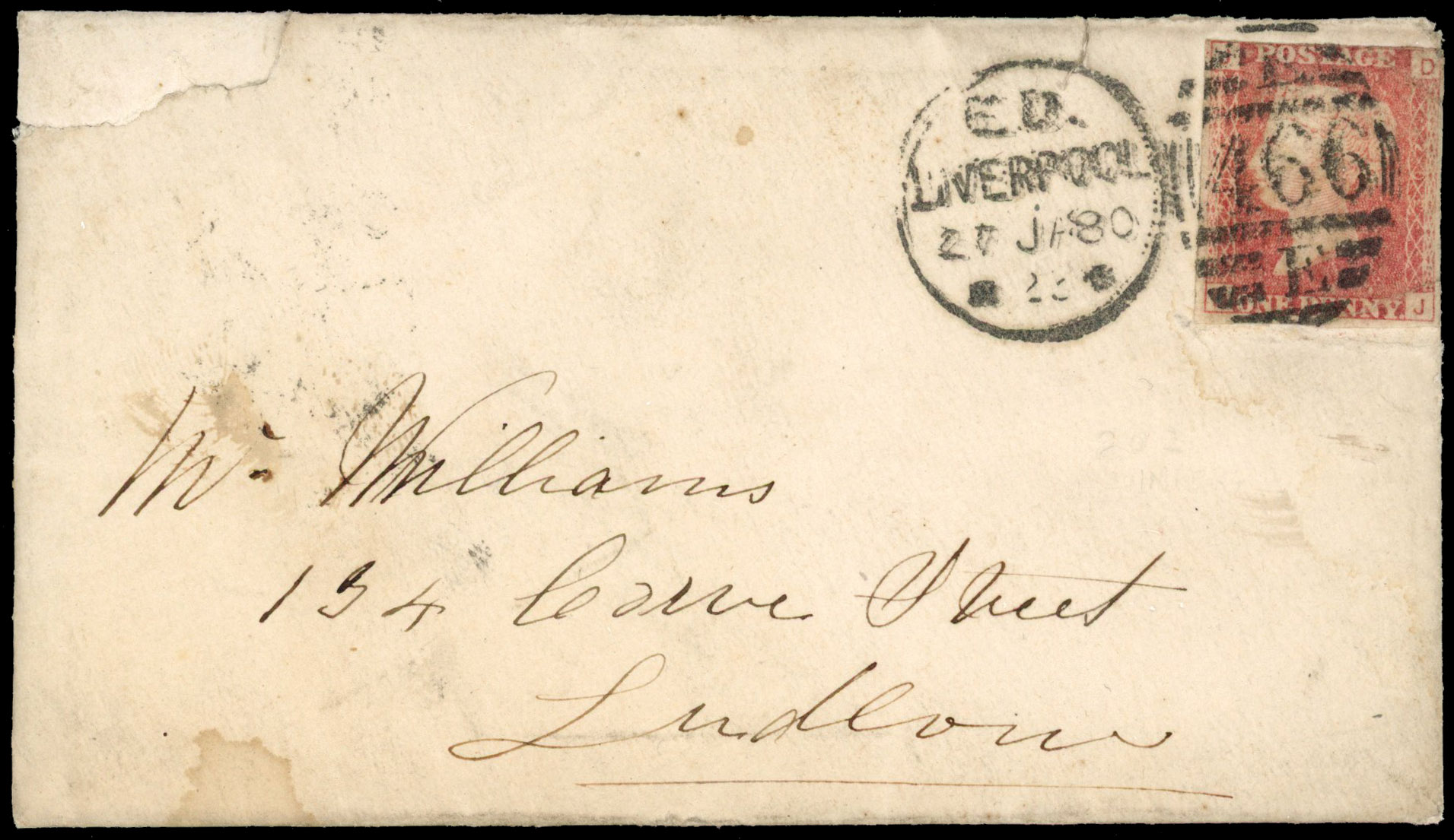 1880 1d Rose-red Pl.202. Imperforate example on cover