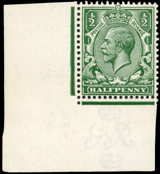 GB: 1912-24 Royal Cypher ½d deep blue-("Myrtle") green, mint unmounted o.g.