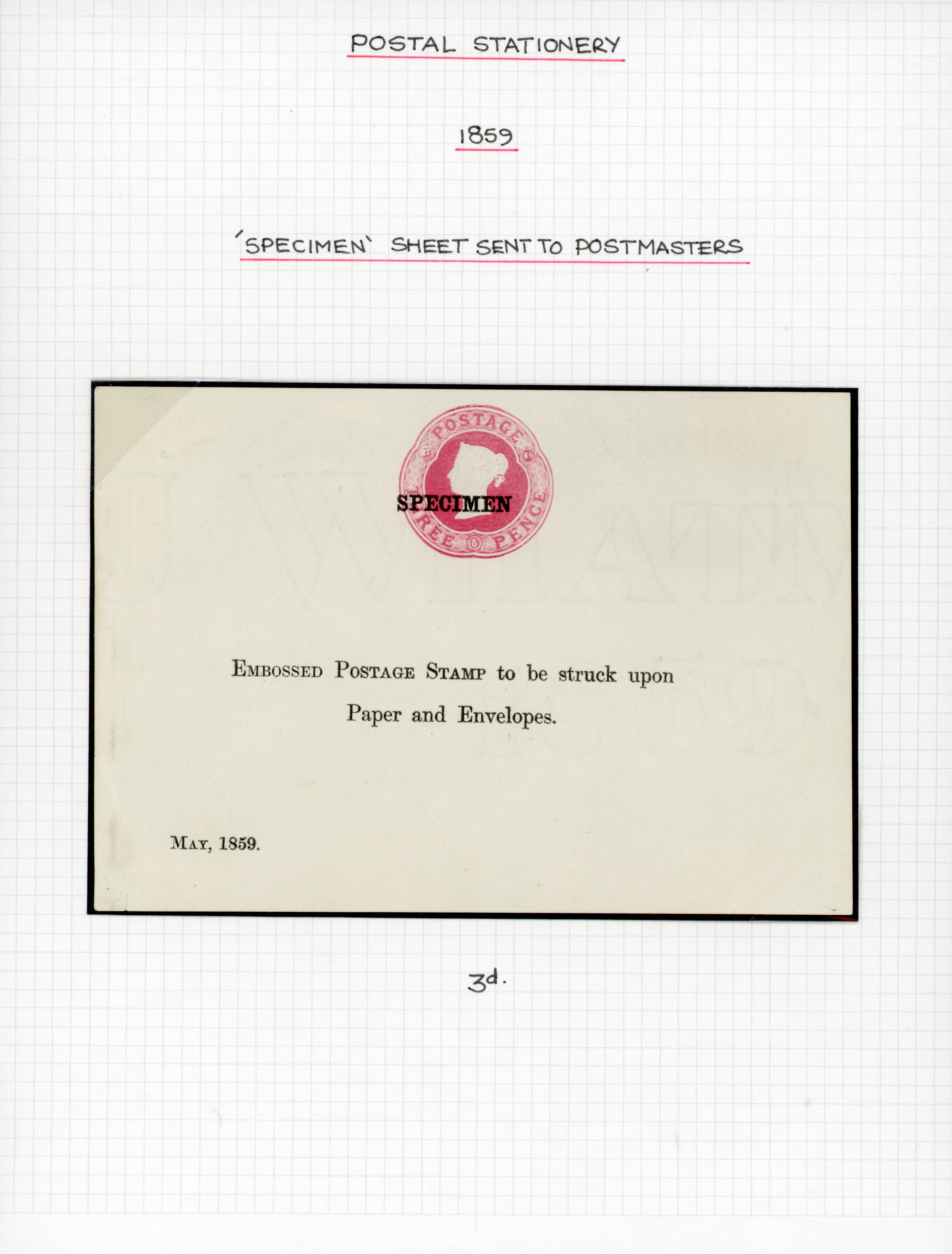 1859 3d Postal Stationery. Attractive 3d embossed example overprinted ''SPECIMEN'' on small postal notice