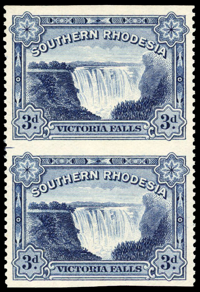 Southern Rhodesia 1932 Victoria Falls 3d vert pair imperforate horizontally