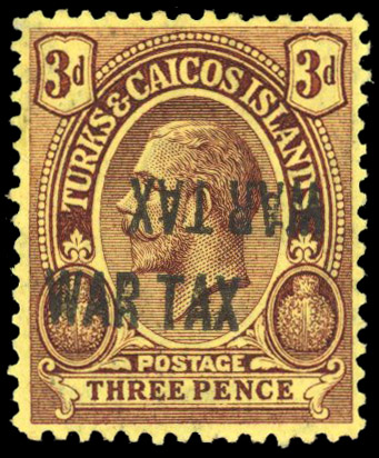 Turks and Caicos 1917 War Tax 3d error overprint double, one inverted