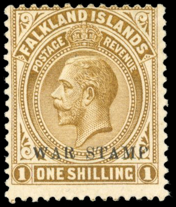Falkland Islands SG 72ba 1920 War Stamp 1s thick paper, overprint double one albino mint