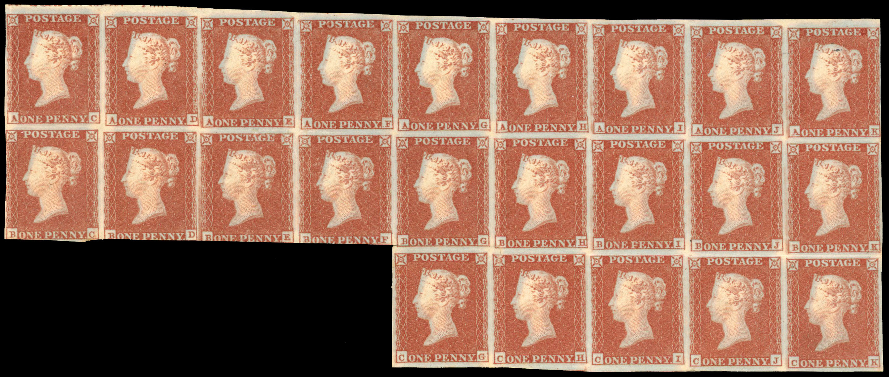 GB SG 8 1841 1d red-brown on lavender-tinted paper block of twenty-three mint