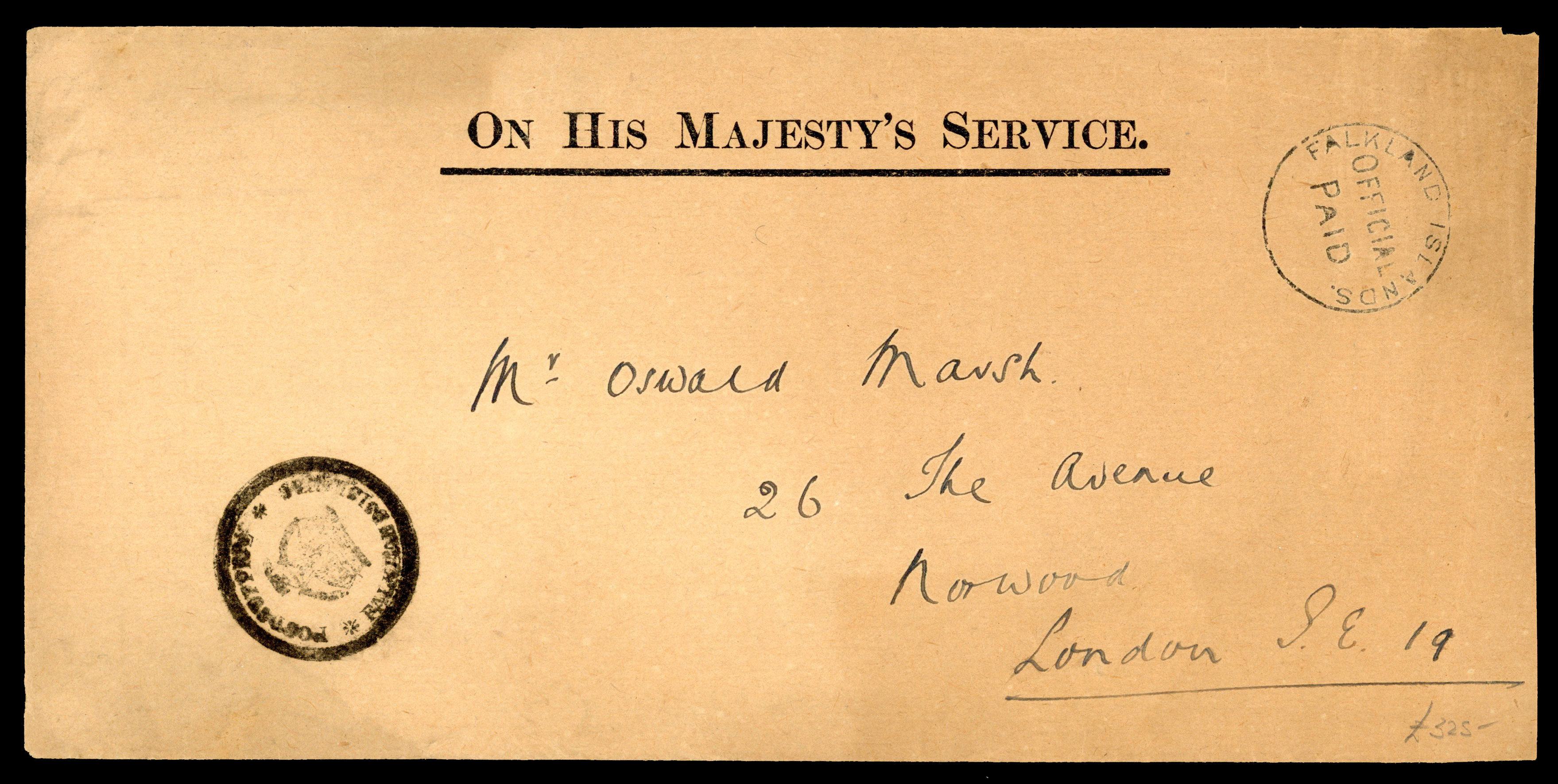POSTAL HISTORY: 1918-1943  stampless OHMS cover to London, indistinct post office cachet in black at left 