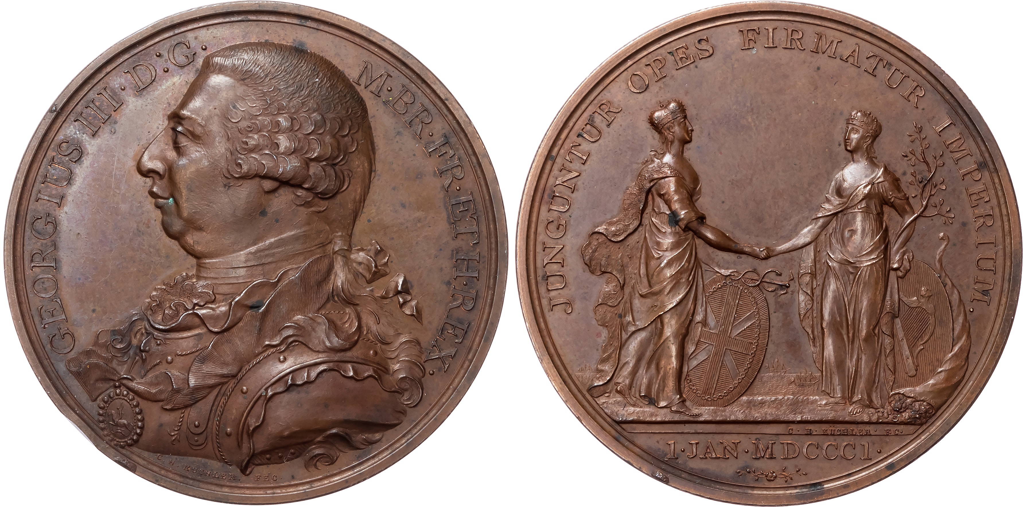 George III (1760-1820) Union of England and Ireland, copper medal (48mm/55.89gm), 1801, by C. H. Küchler.