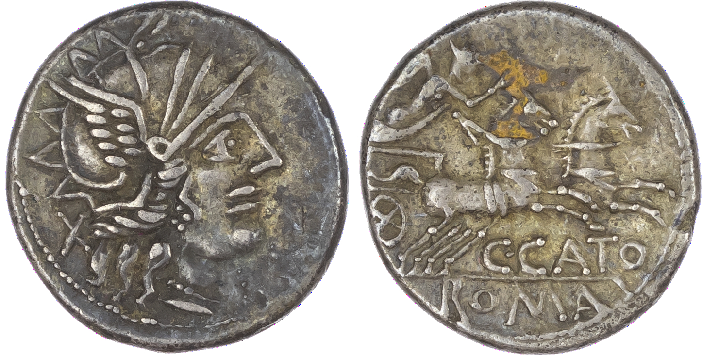 C. Porcius Cato (123 BC) AR Denarius, Rome, 3.66g. Helmeted head of Roma facing right, X (mark of value) behind. Rev.