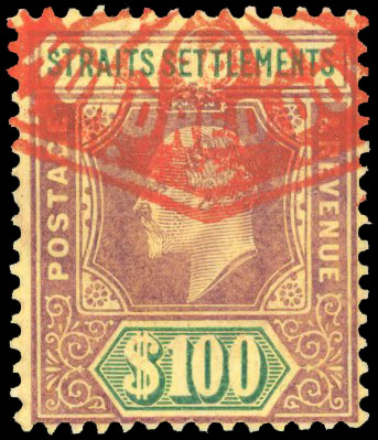 Malaya Straits 1903 $100 fiscally used