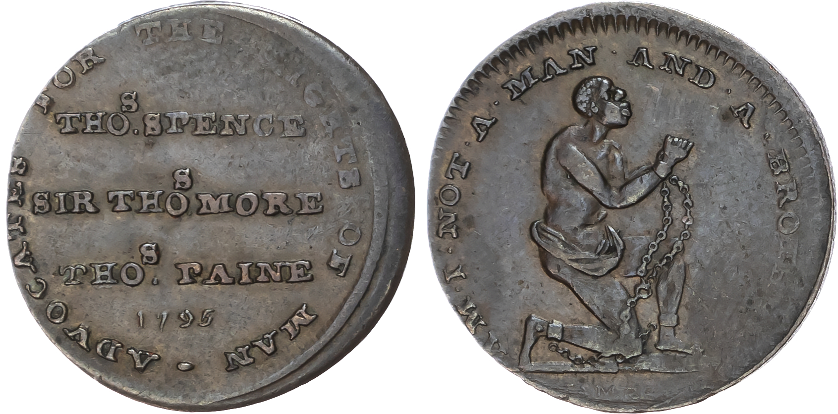 London, Holborn, Thomas Spence Farthing 1795, Thos. Spence, Sir Thos. Moore, Thos. Paine, rev. a shackled Afri…