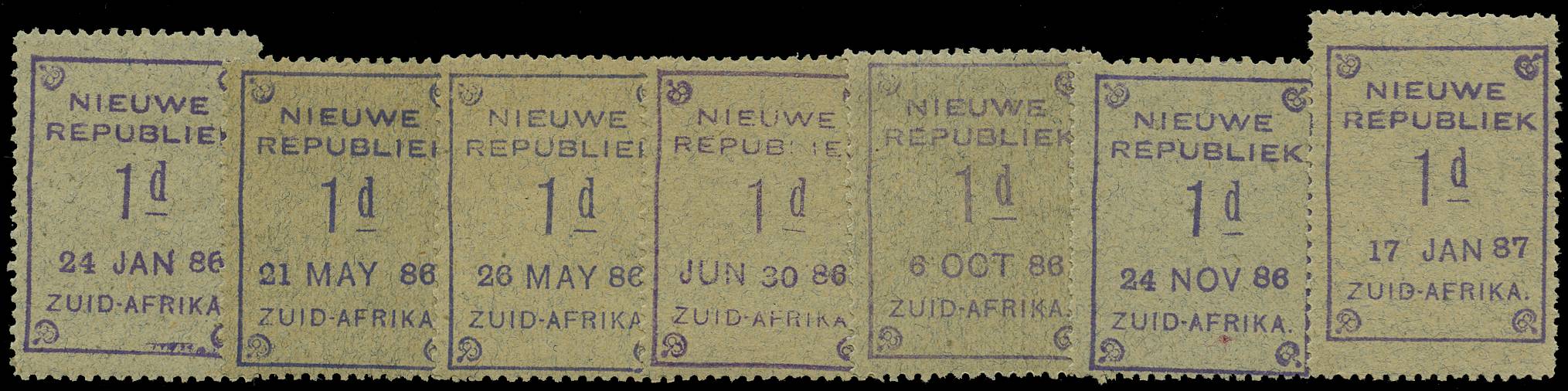 NEW REPUBLIC SG 26 1886-87 1d VIOLET ON BLUE x7 DIFFERENT DATES LPOG