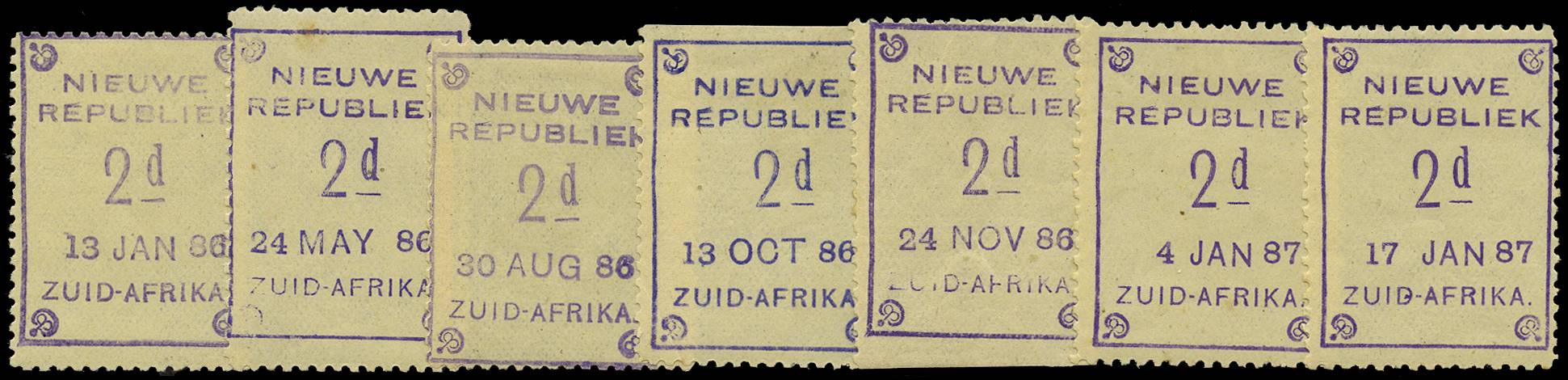 NEW REPUBLIC SG 3 1886-87 2d VIOLET ON YELLOW x7 DIFFERENT DATES LPOG