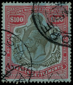 1923 $100 black and carmine watermark Script, used with part of three Singapore CDSs (with time code).  R5/6 damaged leaf...