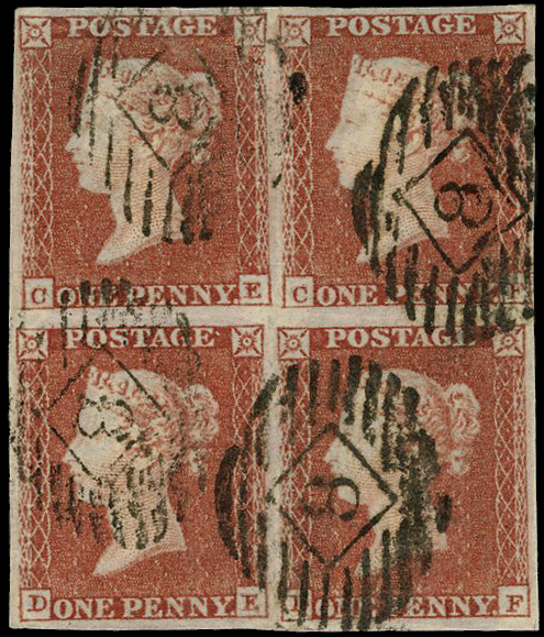 1841 1d Red-brown on thicker lavender tinted paper Pl.125. used block