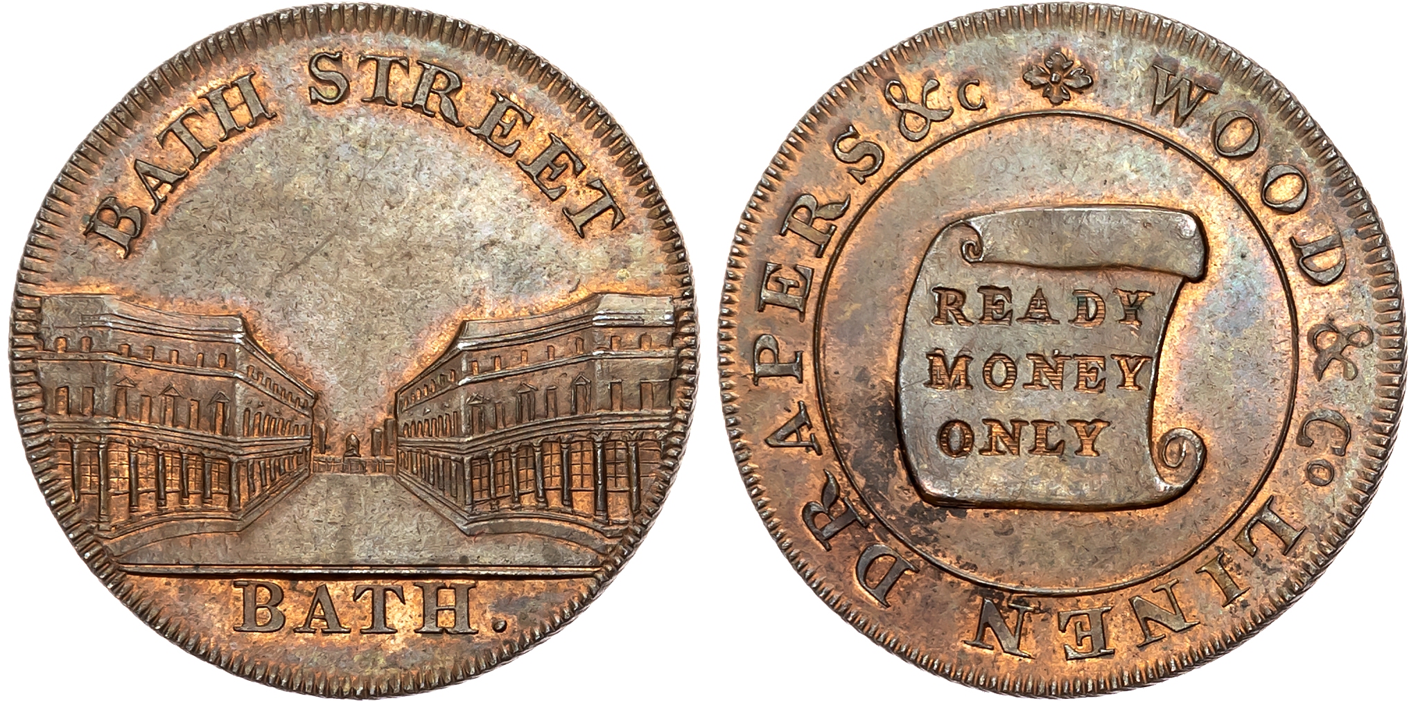 Som. Bath, Lutwyche’s mule Halfpenny 1794, View down Bath Street, rev . India House, edge PAYABLE BY M. LAMBE & SON BAT …