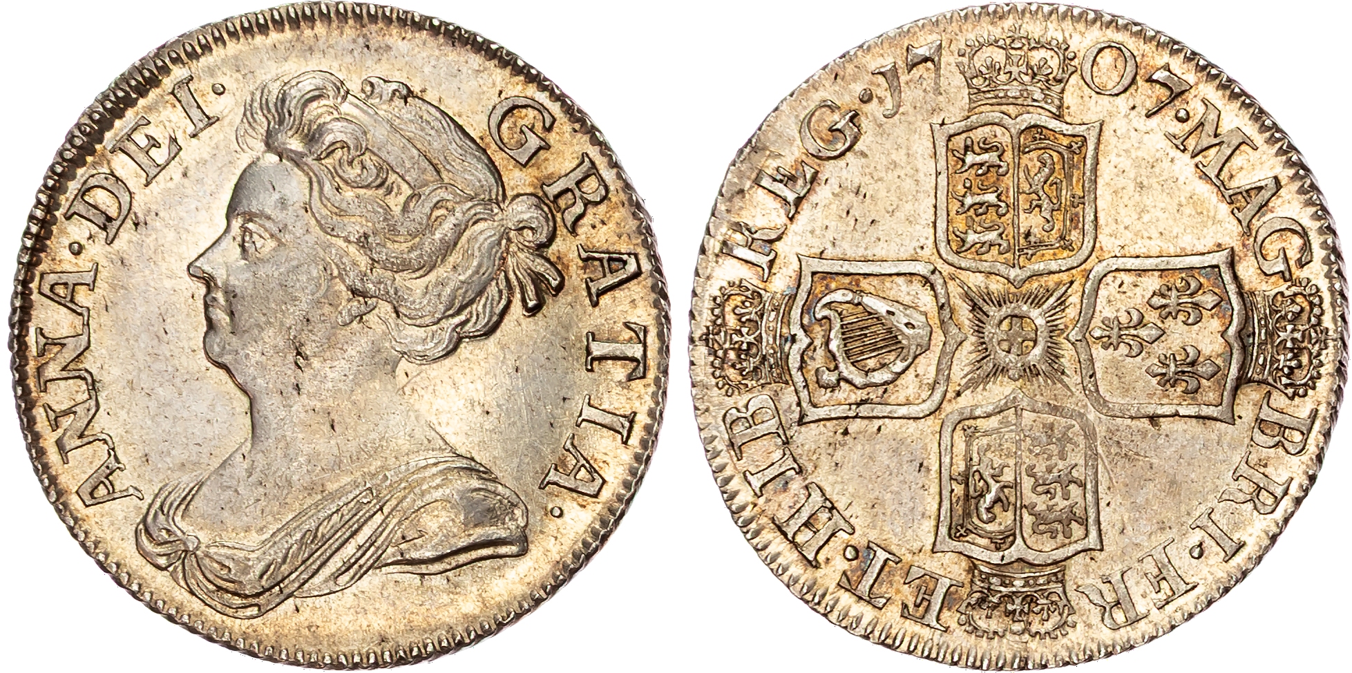 Anne (1702-1714) Shilling, 1707, post union with Scotland (1707-14). 