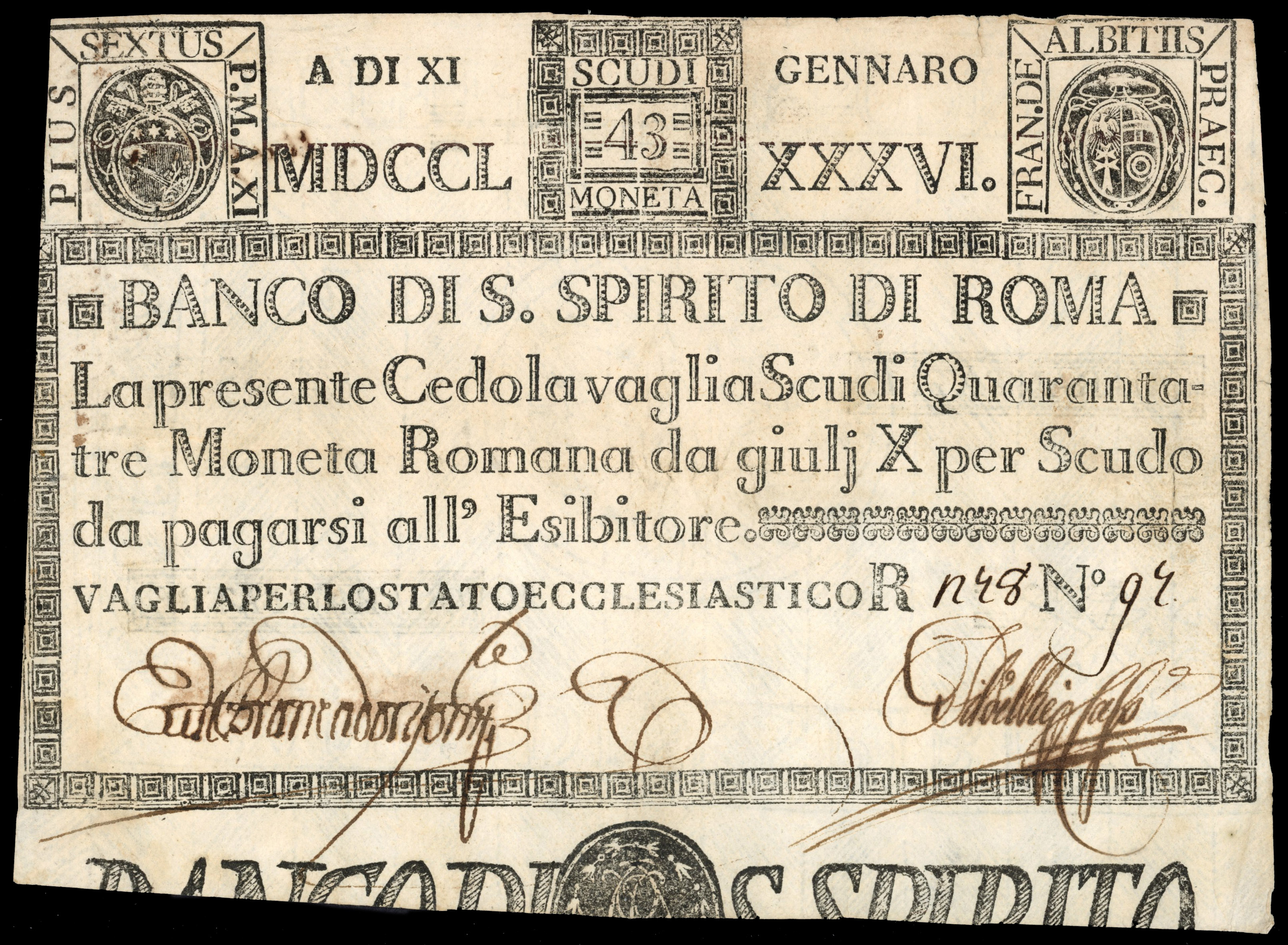 Italy, Papal States, Banco di S. Spirito di Roma, 1785-95 issue, 43 scudi, with black print, on parchment like…