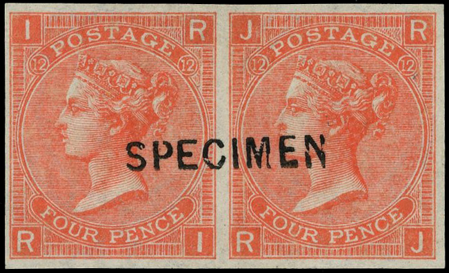 1865-67 4d vermilion Plate 12 (RI-RJ), imperforate horizontal pair lettered overprinted "SPECIMEN"