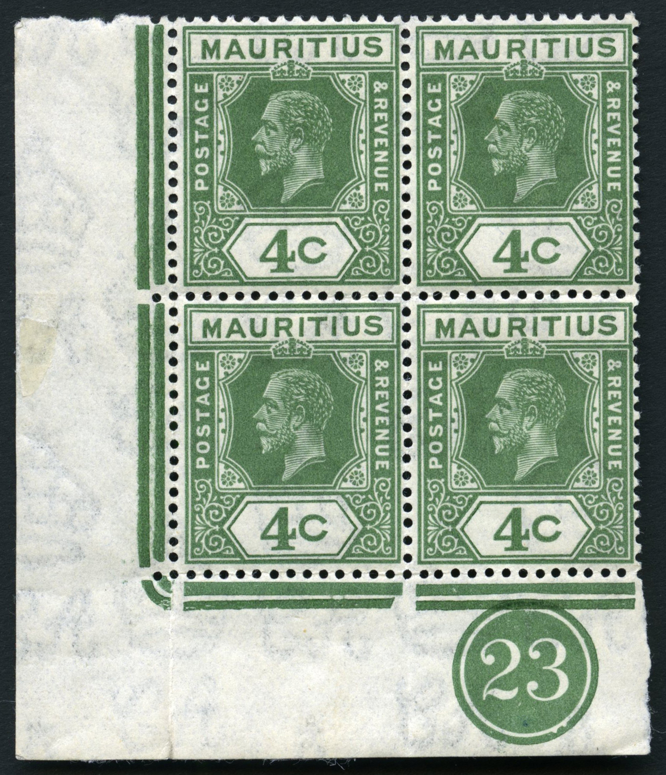 1932 4ct green Die 1 Plate 23 block of four from LL corner of LP, stamps u/m, selvedge with blue adhesion on reverse. ...