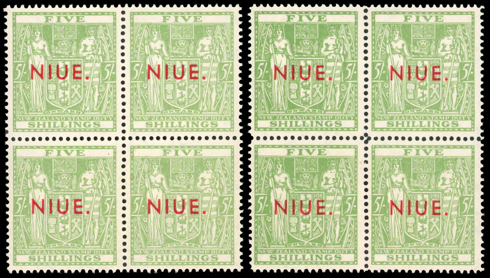 Niue SG 881967 5/- comb and line perf blocks mint