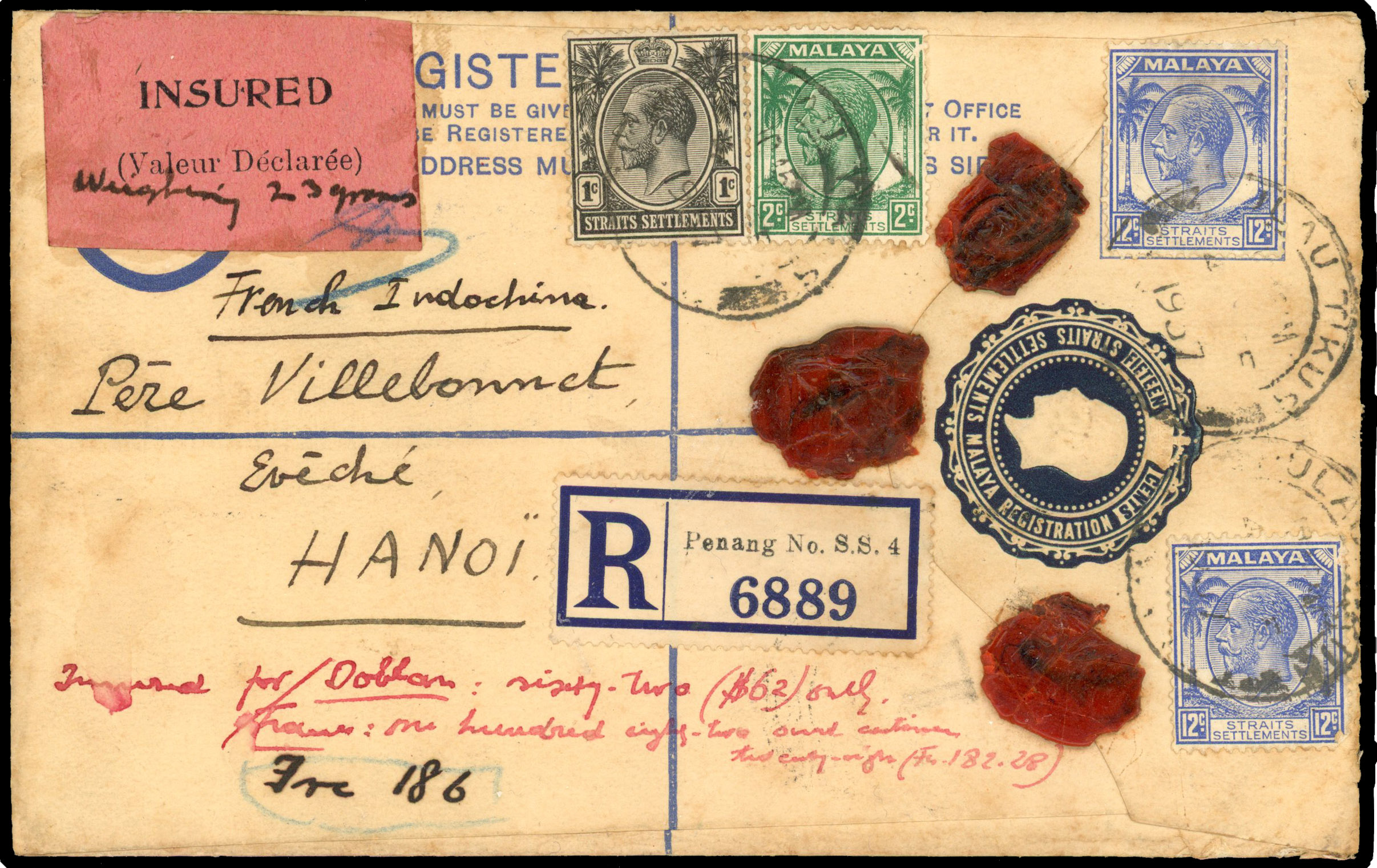 Straits Settlements 1937 registered and insured cover from Pulau Tikus to Hanoi