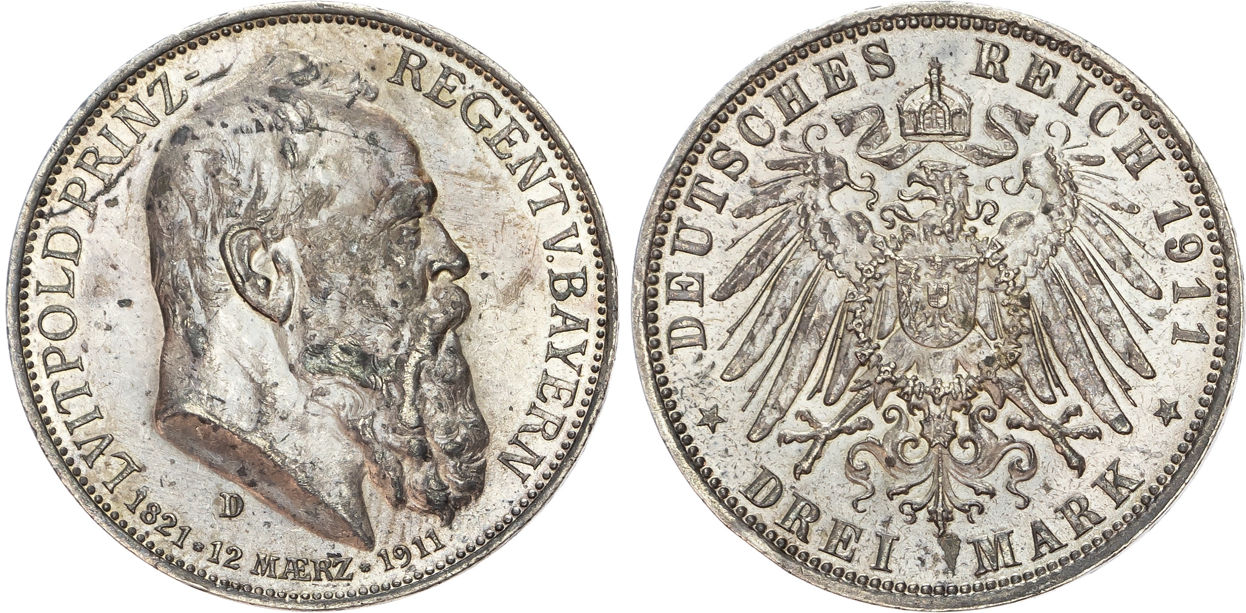 Germany, Bayern, Luitpold, Prince Regent (1886-1912), silver 3 Marks, 1911