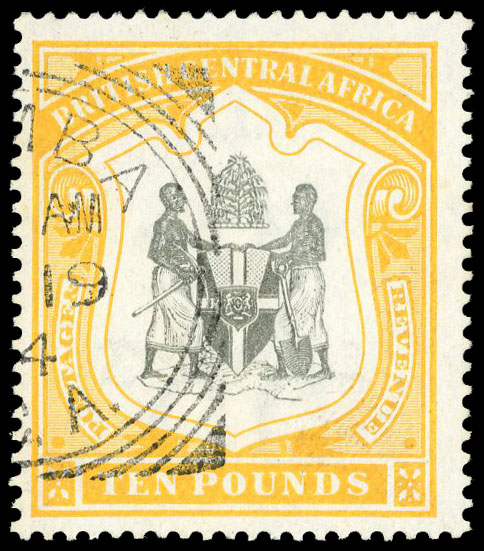 Nyasaland 1897 SG52 used £10 black and yellow watermark CC